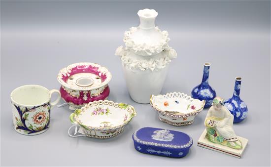 Staffordshire Wood-type figure emblematic of the Seasons, small Berlin oval dish, Jacob Petit vase & sundries(-)